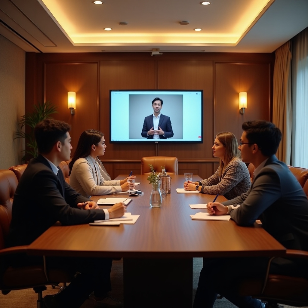 In-house content team gathered around a monitor watching a training video together in a modern office